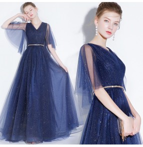 Women's v neck A line evening dress host singers stage performance floor length dresses cocktail party bridesmaid dress