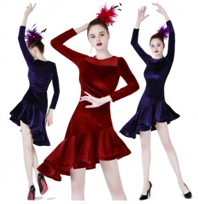 Women's velvet black latin dance dresses girls red purple colored stage performance rumba samba chacha salsa dance dresses