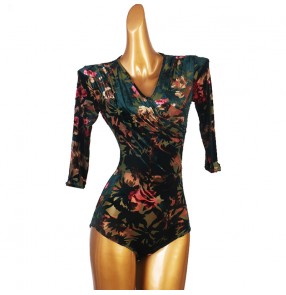 Women's velvet flowers Latin Dance One-Piece bodysuits middle long Sleeve Ballroom Dance Tops for female