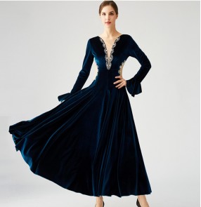 Women's velvet wine blue black ballroom dance dresses long sleeves diamond competition professional waltz tango dance dresses waltz dance gown fo female