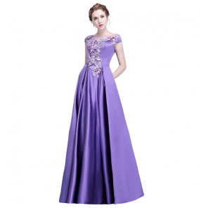 Women's violet satin evening cocktail party wedding bridesmaid stage performance host singers performance dresses