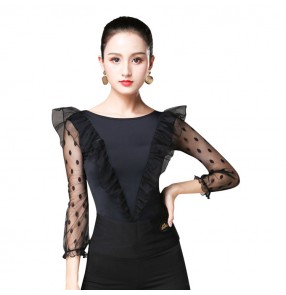 Women's waltz tango ballroom dance tops black color polka dot sleeves competition latin chacha dancing blouses