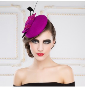 Women's wedding fedoras purple and black 100% wool pillbox hat wedding party top hat