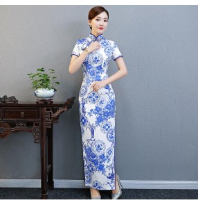 women's White and blue printed chinese dresses Traditional oriental Chinese qipao dresses cheongsame skirt