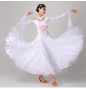 Women's white colored embroidered ballroom dancing dresses waltz tango competition dresses