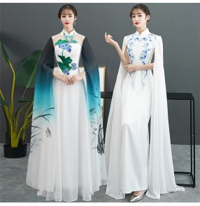 Women's white green chinese dresses traditional qipao dresses model show stage performance host singers chorus dresses