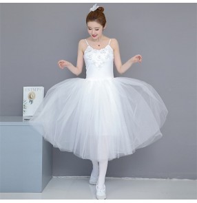 Women's white modern dance ballet dresses girls long length stage performance tutu skirts dress