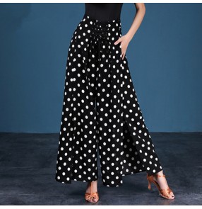 Women's white polka dot printed ballroom dancing pants swing wide leg trousers stage performance waltz tango dancing trousers