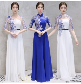 Women's white royal blue chinese dresses traditional qipao dresses singers celebration party  host chorus evening dresses cheongsam