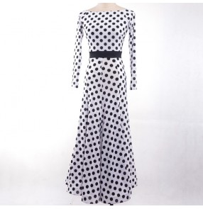 Women's white with black polka dot ballroom dancing dresses flamenco waltz tango dance dress