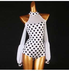 Women's white with black polka dot printed ballroom dance bodysuits girls stage performance tango latin dance jumpsuits dance leotard tops for female