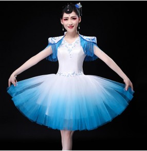 Women's white with blue singers jazz dance dresses chinese oriental style stage performance group dancers show performing dresses