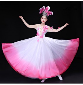 Women's white with pink flowers chinese folk dance dresses classical dance chorus stage performance ballroom dress