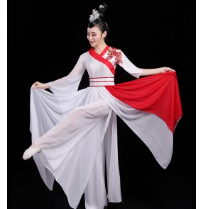 Women's white with red ancient traditional fairy dresses hanfu stage performance umbrella traditional classical dance dresses