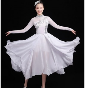 Women's white with silver modern dance choir dresses singers stage performance chorus dress costumes