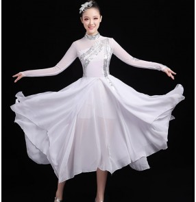 Women's white with silver modern dance choir dresses singers stage performance chorus dress costumes