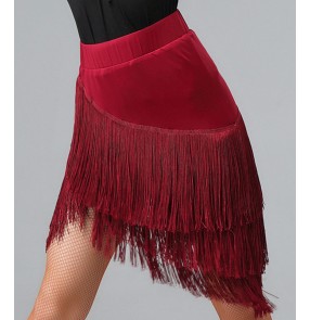 Women's wine black fringes latin dance skirts female salsa rumba chacha dance skirts