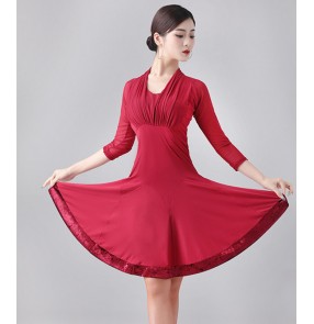 Women's wine blue latin dance dresses  long sleeves fashion salsa rumba chacha dance dress latin dance costumes for female