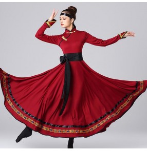 Women's wine colord mongolian dance dresses stage performance drama cosplay mongolia robes costumes