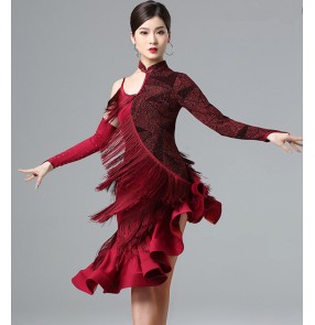 Women's wine gold tassels latin dance dress stage performance salsa rumba chacha dance dress costumes