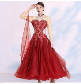 Women's wine navy black lace Ballroom dance competition performance Dresses National standard modern dance costume big dress waltz dresses can be customized