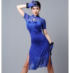 Women's wine royal blue latin dance dresses salsa rumba chacha dance costumes