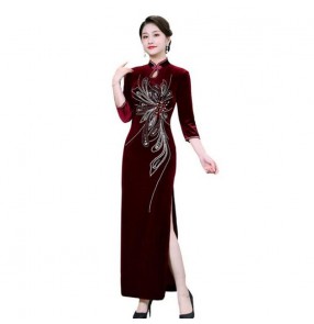 Women's wine velvet chinese dresses traditional qipao dresses stage performance singers host miss etiquette dresses