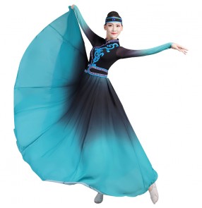 Women's xinjiang dance costumes green gradient mongolian stage performance robes stage performance chinese folk dance dresses for female