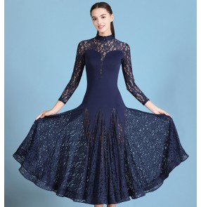 Women's yellow colored ballroom dancing dresses female navy long sleeves waltz tango dancing dresses