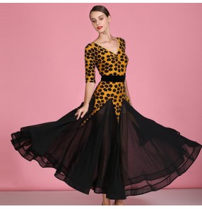 Women's yellow colored flowers ballroom dancing dresses stage performance waltz tango dance dress 