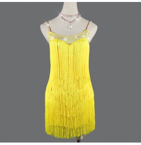Women's yellow diamond fringes competition latin dance dresses salsa chacha rumba dance dress skirts