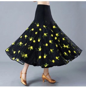 Women's yellow flowers ballroom dancing skirts stage performance waltz tango dance swing skirt