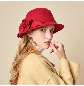 Women's  yellow wine woolen  fedoras hat dome ladies fashion top hat British retro fashion wild elegant flower fisherman hat
