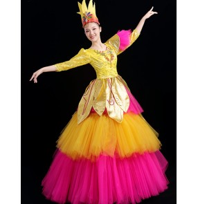 Women's yellow with pink sequins petals opening dance singers performance dresses host singers choir performing dresses