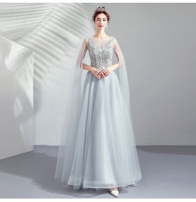 Women silver long- tulle sleeved dinner evvening party dresses annual party show catwalk host singers wedding bridesmaid dress