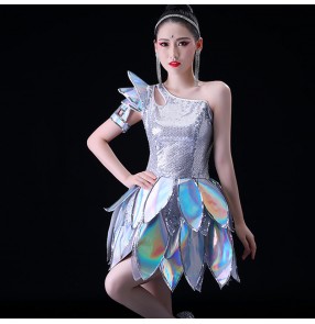 Women silver sequin jazz dance dress Modern dance fashion group gogo dancers suit stage jazz dance clothes female ds singers performance clothing female suit