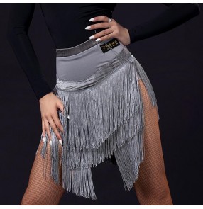 Women silver tassels competition latin dance skirts salsa rumba chacha dance skirts costumes