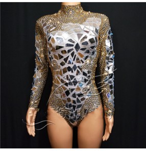 Women silver with gold lens singer gogo dancers jazz dance bling bodysuits model photography DjDs elastic golden rhinestone stage play gogo carnival concert party cosplay catsuits for female