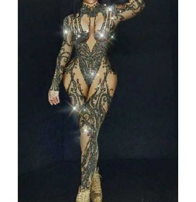 Women singer Ds gogo dancers bling jazz dance jumpsuits nightclub bar dance outfits for women female long-sleeved one-piece rompers free diving stage costume