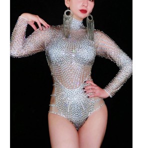 Women singer silver rhinestones Ds dj dance bodysuits ring acrobatic steel pipe free diving dance One-piece elastic bling jumpsuits prom concert party stage performance costumes