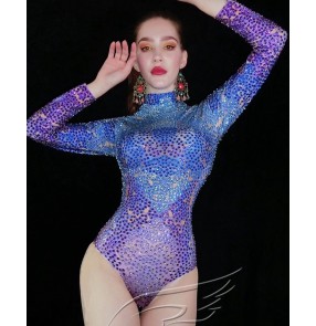 Women singers Ds dancers purple with blue rhinestones bodysuits ring acrobatic steel pipe free diving rhinestone high split carnival prom party performance jumpsuits 