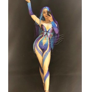 Women singers jazz dance blue with purple bling bodysuits car model catwalk ring acrobatic dance rompers female bar dj rhinestone butterfly print gogo dancers stage costume