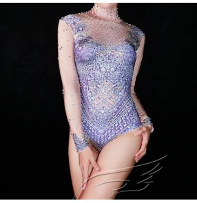 Women singers purple printed nightclub bar jazz dance bling bodysuits Dj Ds steel pipe ring rhinestone stretch bodysuits prom party carnival  stage performance catsuits