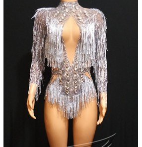Women singers silver sequined tassels jazz dance bling bodysuits long sleeves flesh mesh patchwork stage performance gogo dancers jumpsuits prom party concert solo performance catsuits for lady