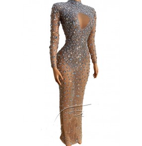 Women skin color jazz dance long bling dresses singer model photography Mesh with rhinestone stretch wrap hip skirt bar nightclub bar concert prom party evening dressfor women