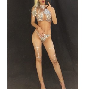 Women skin color sexy jazz dance bodysuits Nightclub dj ds gogo steel pipe pole dance rompers car model sexy long piece naked catsuits performance stage costumes for women