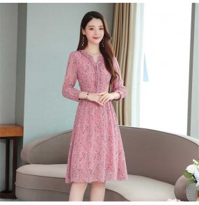 Women Spring autumn chiffon pink floral long-sleeved dress French temperament mid-length waist skirt