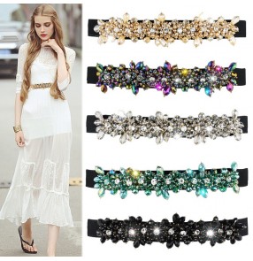 Women stage performance model show  rainbow green Crystal elastic bling waistband ladies belt casual corset diamond chiffon lace dress girdle