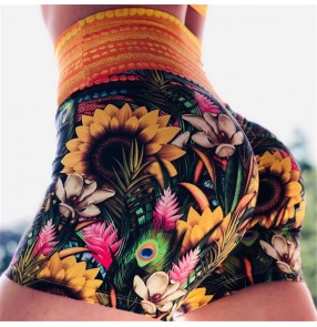 women Sunflower feather print high waist Yoga gyms shorts female fitness running training yoga hot pants sports shorts