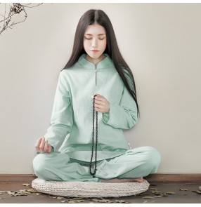 Women taichi kung fu clothing Cotton and linen yoga clothes Zen two-piece suit white Zen clothes female fairy meditation Chinese style Buddhist meditation clothes